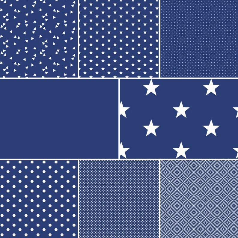 May include: A digital collage of nine different blue and white patterns. The patterns include stars, polka dots, triangles, and geometric shapes.