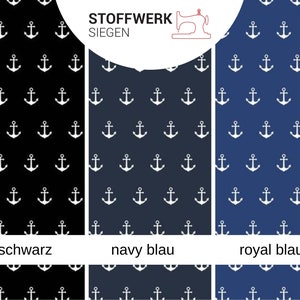 May include: Three fabric swatches with a white anchor pattern on different colored backgrounds. The swatches are labeled "schwarz" (black), "navy blau" (navy blue), and "royal blau" (royal blue).