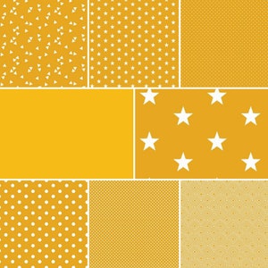 Może przedstawiać: Cyfrowy kolaż dziewięciu różnych kwadratów w kolorze żółtym i białym. Wzory obejmują kropki, gwiazdki, trójkąty i kształty geometryczne.