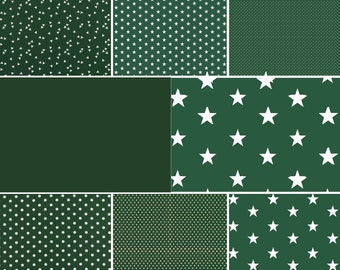Può includere: Un collage digitale di nove quadrati verdi con diversi motivi bianchi. I motivi includono stelle, punti e triangoli.