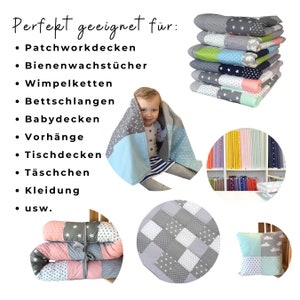 May include: A variety of patchwork fabric squares in gray, blue, pink, and green with white stars and polka dots. The fabric squares are shown in different configurations, including a baby blanket, a pillow, a bolster, and a stack of fabric squares. The text "Perfekt geeignet f&uuml;r:" is visible in the image. The text below the heading lists various uses for the fabric squares, including patchwork blankets, beeswax cloths, pennant chains, bed runners, baby blankets, curtains, tablecloths, bags, clothing, and more.