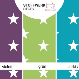 May include: A fabric swatch with white stars on a purple, green, and turquoise background. The text "Stoffwerk Siegen" is at the top of the image.