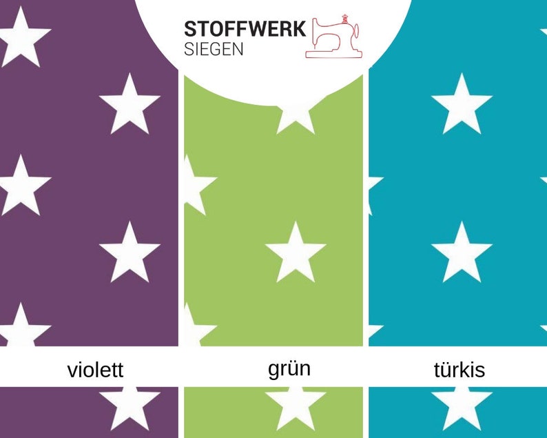 May include: A fabric swatch with white stars on a purple, green, and turquoise background. The text "Stoffwerk Siegen" is at the top of the image.