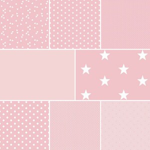 K&ouml;nnte beinhalten: Eine Collage aus rosa und wei&szlig;en Mustern. Die Muster umfassen wei&szlig;e Dreiecke, Sterne, Punkte und Rauten. Ein Abschnitt ist einfarbig rosa. Die Muster sind in einem Raster angeordnet.