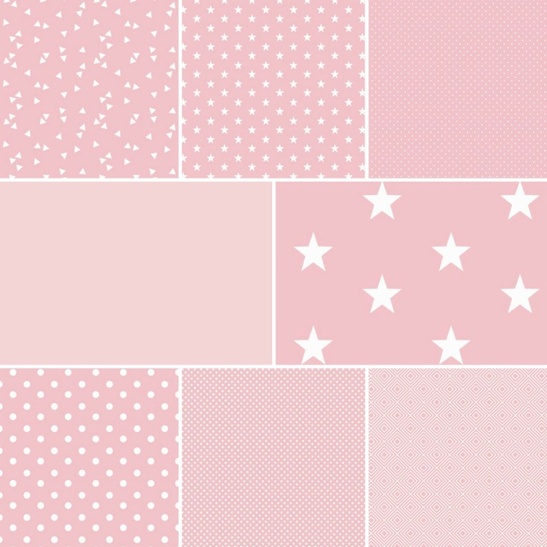 K&ouml;nnte beinhalten: Eine Collage aus rosa und wei&szlig;en Mustern. Die Muster umfassen wei&szlig;e Dreiecke, Sterne, Punkte und Rauten. Ein Abschnitt ist einfarbig rosa. Die Muster sind in einem Raster angeordnet.