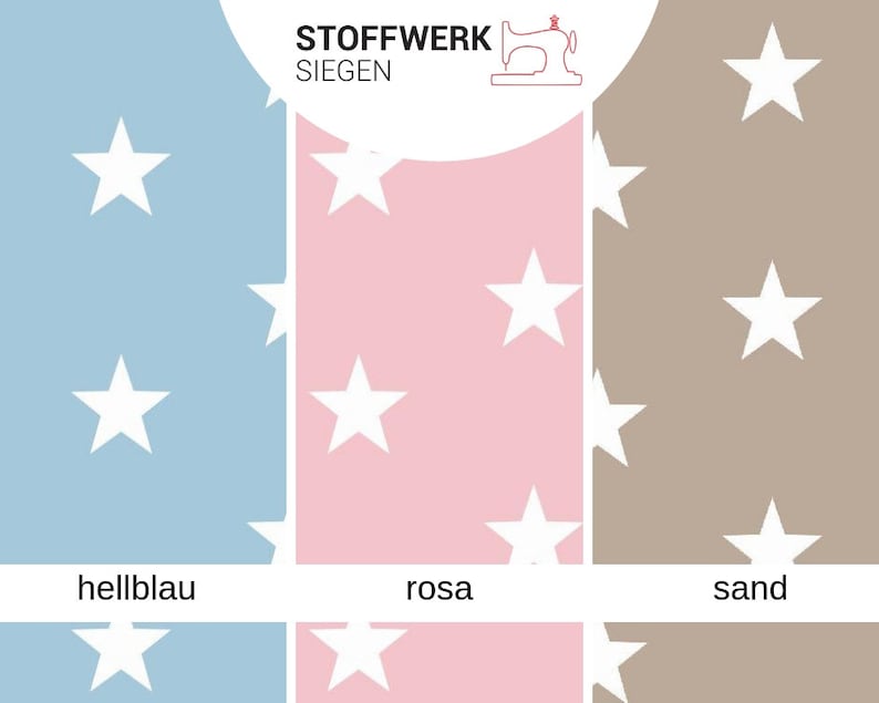 May include: A fabric swatch sampler with three different colors: light blue, pink, and brown. Each color has a white star pattern. The text "Stoffwerk Siegen" is at the top of the image.