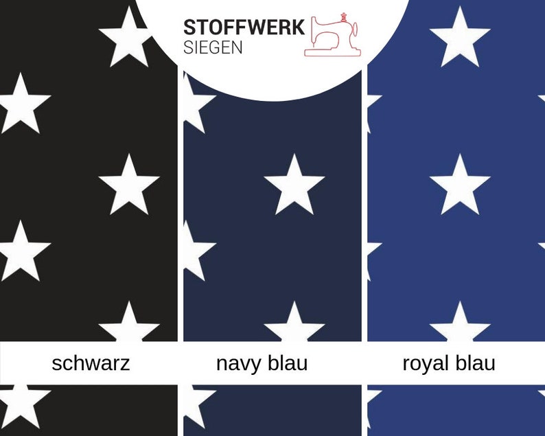 May include: A fabric swatch with a white star pattern on three different colored backgrounds: black, navy blue, and royal blue. The text "Stoffwerk Siegen" is at the top of the image.