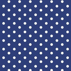 May include: A seamless pattern of white polka dots on a dark blue background.