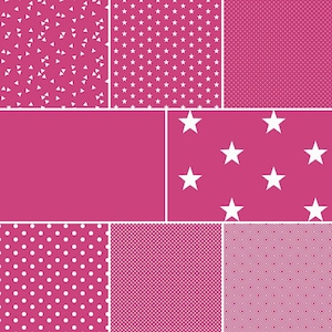 May include: A pink background with nine different patterns in white. The patterns include triangles, stars, dots, and a geometric design.