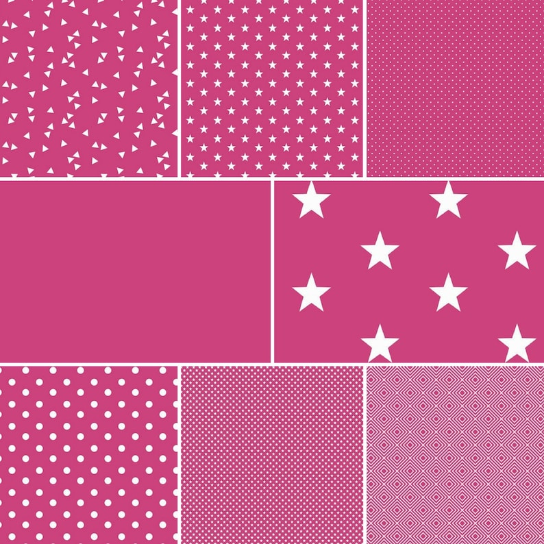 May include: A pink background with nine different patterns in white. The patterns include triangles, stars, dots, and a geometric design.