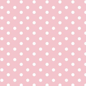 May include: A seamless pattern of white polka dots on a light pink background.