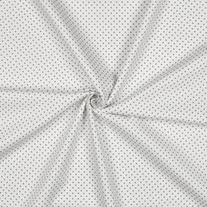 May include: White fabric featuring a pattern of small, evenly spaced grey dots. The fabric is gathered in the centre, creating folds and shadows. The dots are consistent in size and colour, providing a simple, yet elegant design.