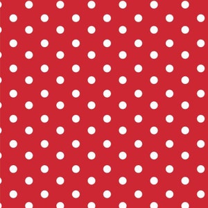 May include: A seamless pattern of white polka dots on a solid red background.