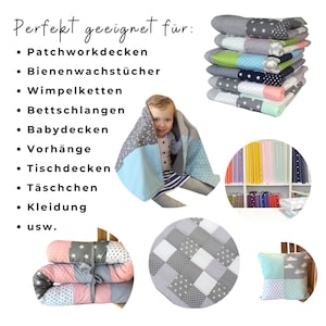 May include: A collection of patchwork quilts, blankets, and pillows in various colors and patterns. The image includes a baby wrapped in a patchwork blanket, stacks of quilts, and fabric samples. The text reads "Perfekt geeignet f&uuml;r:" and lists items like patchwork blankets and curtains.