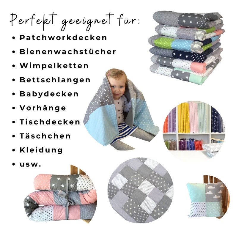 May include: A collection of patchwork quilts, blankets, and pillows in various colors and patterns. The image includes a baby wrapped in a patchwork blanket, stacks of quilts, and fabric samples. The text reads "Perfekt geeignet f&uuml;r:" and lists items like patchwork blankets and curtains.