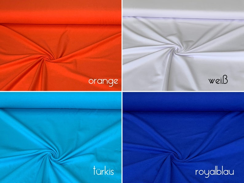 Puede incluir: Cuatro muestras de tela en diferentes colores: naranja, blanco, turquesa y azul real. La tela es lisa y tiene un ligero brillo.