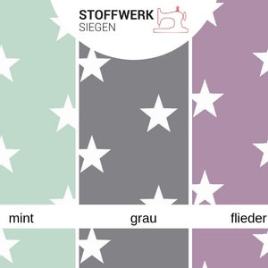 May include: A graphic showing three different fabric swatches with white stars on a mint green, gray, and light purple background. The text "Stoffwerk Siegen" is at the top of the image.