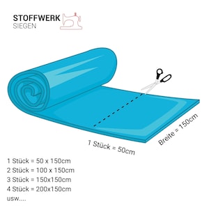 May include: A roll of turquoise fabric with a cut line and scissors, alongside text indicating dimensions. The fabric is 150cm wide, with one piece measuring 50cm. The image includes the text "STOFFWERK SIEGEN".