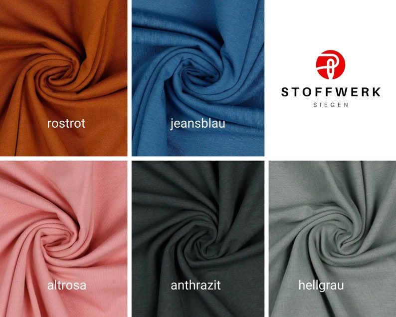 Puede incluir: Seis muestras de tela en diferentes colores: &oacute;xido, azul claro, rosa, gris oscuro, gris claro. Las muestras est&aacute;n dispuestas en dos filas de tres. El texto "Stoffwerk Siegen" es visible en la esquina superior derecha.