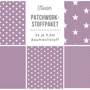 May include: A set of five 0.5 metre cotton fabric squares in a purple hue with different white patterns: polka dots, stars, and small dots. The text "Fieder PATCHWORK-STOFFPAKET 5x je 0,5m Baumwollstoff" is printed on the fabric.