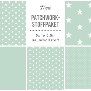 May include: A patchwork fabric bundle in a mint green colour with five different patterns: white polka dots, small white stars, large white stars, solid mint green, and small white polka dots. The bundle includes 5 pieces of fabric, each measuring 0.5 metres. The text "Mint PATCHWORK-STOFFPAKET 5x je 0,5m Baumwollstoff" is printed on the image.