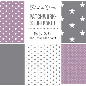 May include: A patchwork fabric set featuring diverse patterns. The set includes fabrics with white polka dots on a lavender background, grey fabric, white stars on a grey background, and white stars on a grey background.