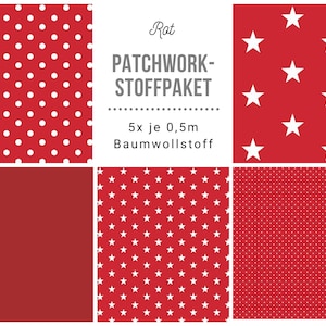 May include: A fabric bundle with red and white patterns. The patterns include white polka dots on red, white stars on red, and plain red fabric. The text "Rot PATCHWORK-STOFFPAKET" is visible.