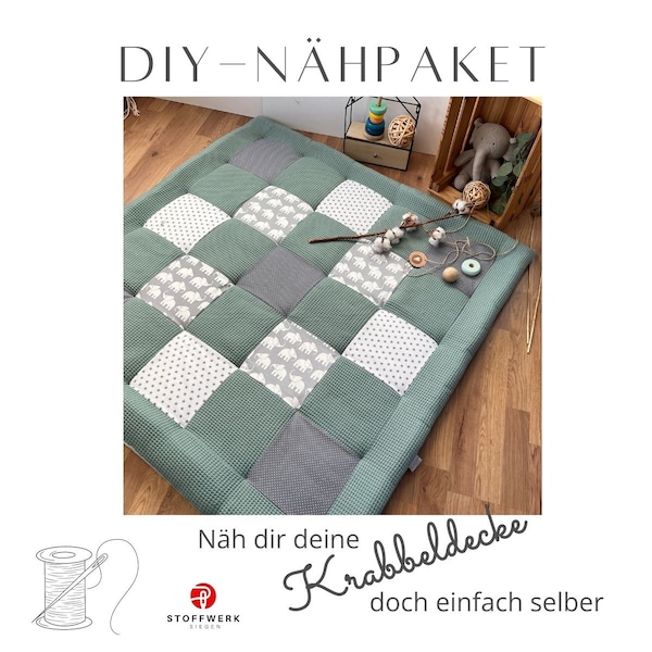 Nähpaket * Patchworkdecke * DIY * Waffelpiqué * Krabbeldecke * Patchwork Stoffe  *Babydecke * Elefant Salbei