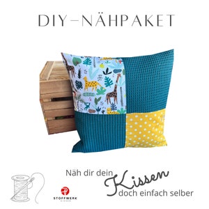 Nähpaket * Kissen nähen * DIY * Kissen * Patchwork Stoffe  * Für Näh-Anfänger * Waffelpique Dschungel Petrol