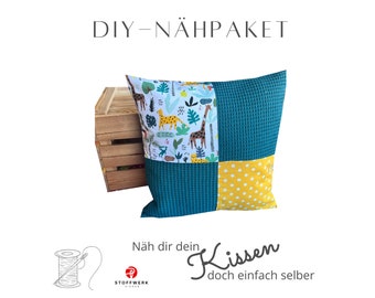Nähpaket * Kissen nähen * DIY * Kissen * Patchwork Stoffe  * Für Näh-Anfänger * Waffelpique Dschungel Petrol