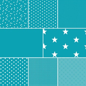 Puede incluir: Un collage digital de nueve patrones diferentes de color azul turquesa con formas geométricas blancas. Los patrones incluyen estrellas, triángulos, lunares y cuadrados.