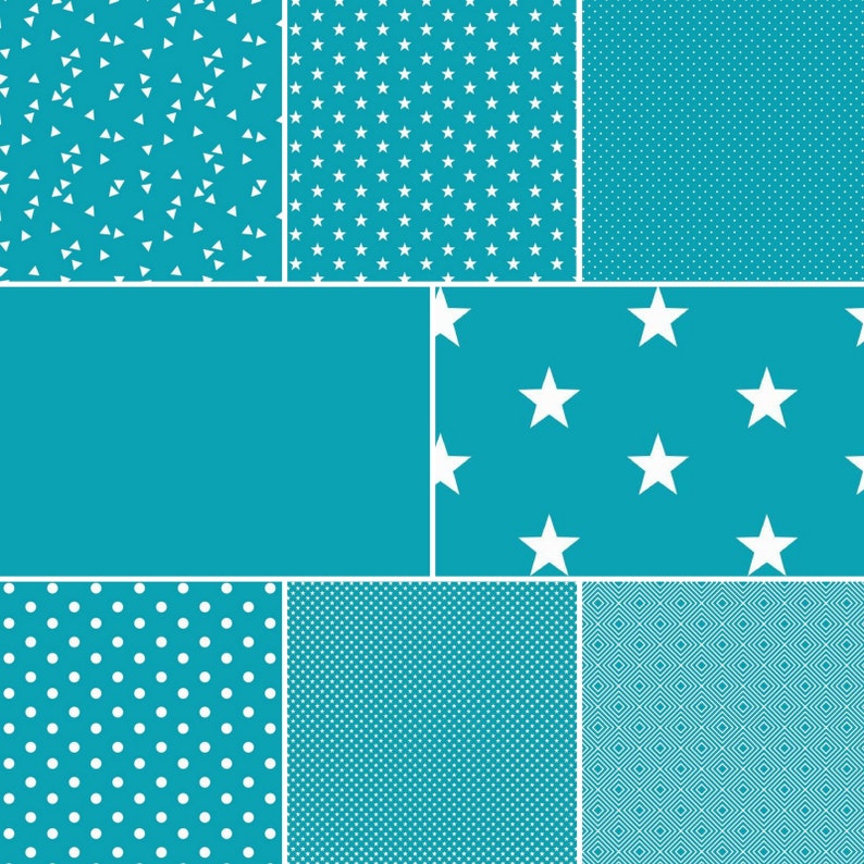 May include: A digital collage of nine different teal blue patterns with white geometric shapes. The patterns include stars, triangles, polka dots, and squares.