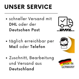 Puede incluir: Un gr&aacute;fico con el texto "UNSER SERVICE" en negro. El gr&aacute;fico enumera tres servicios: env&iacute;o r&aacute;pido con DHL o el correo alem&aacute;n, disponibilidad diaria por correo electr&oacute;nico o tel&eacute;fono, y corte, procesamiento y env&iacute;o desde Alemania. El gr&aacute;fico incluye iconos para DHL, un representante de atenci&oacute;n al cliente y la bandera alemana.