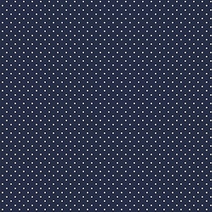 May include: A seamless pattern of white polka dots on a dark blue background.