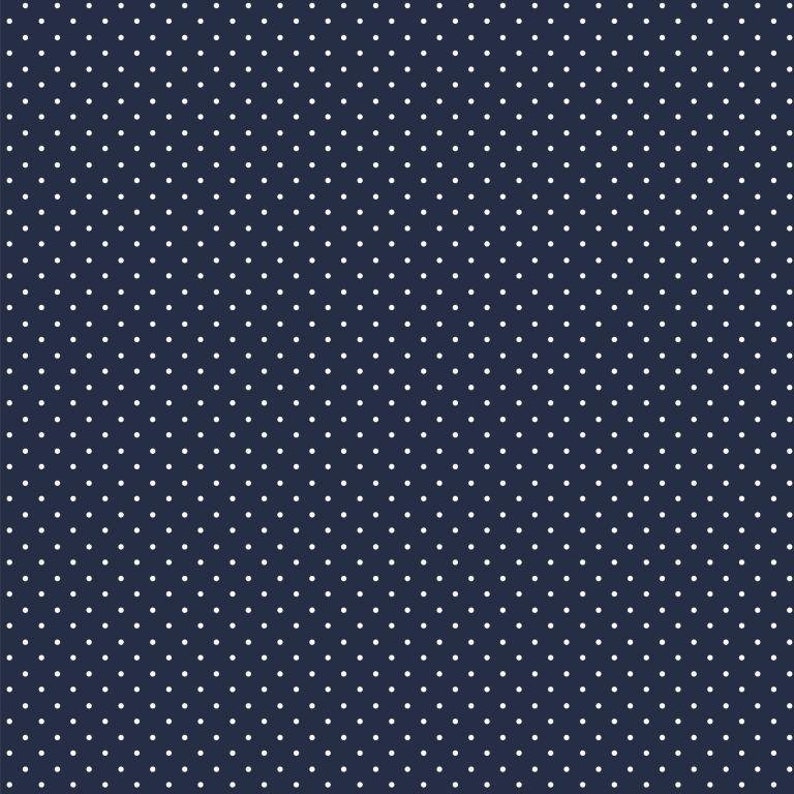 May include: A seamless pattern of white polka dots on a dark blue background.