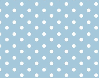 May include: A seamless pattern of white polka dots on a light blue background.
