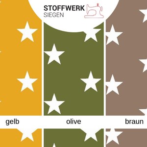 May include: A fabric swatch sample card with three different colors: yellow, olive green, and brown. Each color has a white star pattern.