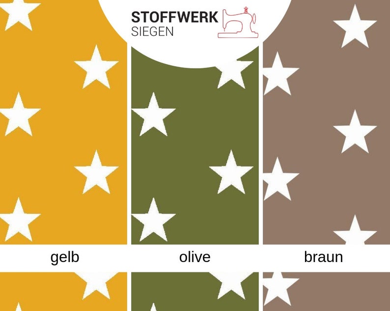 May include: A fabric swatch sample card with three different colors: yellow, olive green, and brown. Each color has a white star pattern.