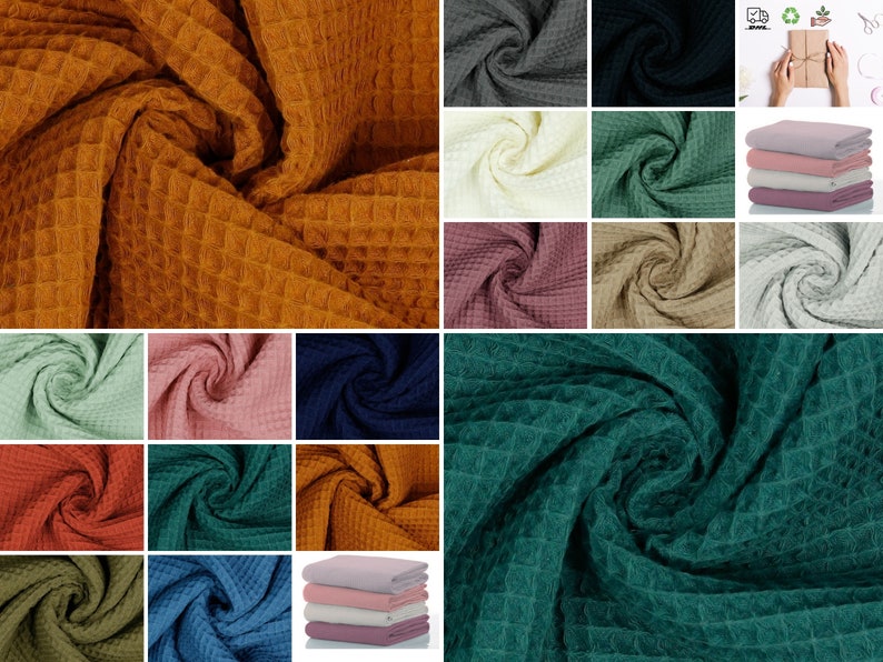 May include: A collection of waffle weave fabric swatches in various colors, including mustard yellow, sage green, navy blue, teal, and pink. The fabric is soft and textured, with a waffle-like pattern.