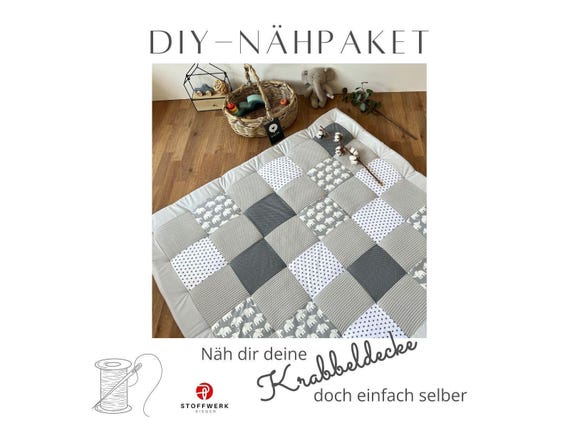 DIY Nähpaket Patchwork Krabbeldecke mit Volumenvlies – Babydecke selber nähen mit Anleitung, auch für Anfänger geeignet -  Elefant Weiß Grau