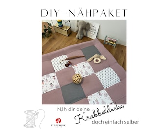 Nähpaket * Patchworkdecke * DIY * Waffelpiqué * Krabbeldecke * Patchwork Stoffe  *Babydecke * Rehe Altrosa Grau