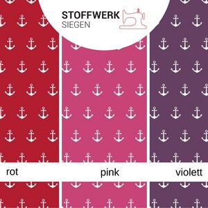 May include: Three fabric swatches with a white anchor pattern on a red, pink, and purple background. The text "STOFFWERK SIEGEN" is at the top of the image. The swatches are labeled "rot", "pink", and "violett".