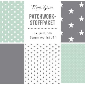 May include: Patchwork fabric bundle in mint green and grey with polka dot and star patterns. 5 pieces of 0.5m cotton fabric.
