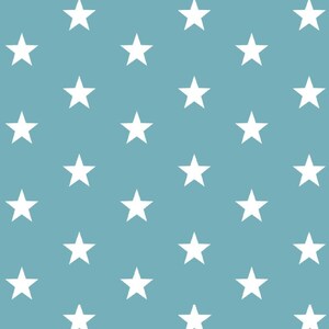 May include: A seamless pattern of white stars on a light blue background.