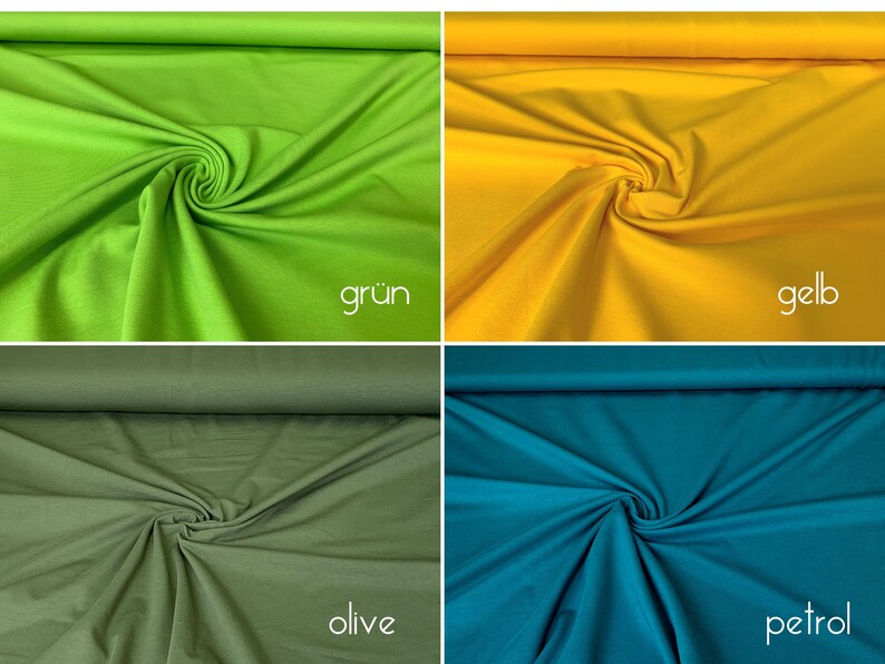 Puede incluir: Cuatro muestras de tela en diferentes colores: verde, amarillo, verde oliva y azul petr&oacute;leo. Las muestras est&aacute;n dispuestas en una cuadr&iacute;cula y todas est&aacute;n dobladas de la misma manera. Las palabras "gr&uuml;n", "gelb", "olive" y "petrol" est&aacute;n escritas debajo de cada muestra.