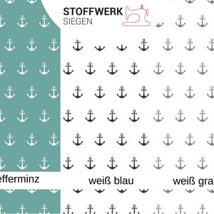 May include: A fabric pattern with a repeating anchor design in three color variations: white anchors on a teal background, black anchors on a white background, and gray anchors on a white background. The text "STOFFWERK SIEGEN" is at the top of the image. The text "pfefferminz" is below the teal pattern, "wei&szlig; blau" is below the black pattern, and "wei&szlig; grau" is below the gray pattern.