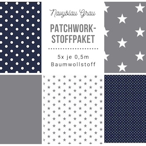 May include: Patchwork fabric bundle in navy blue and grey with polka dot, star, and solid patterns. 5 pieces of 0.5m cotton fabric.