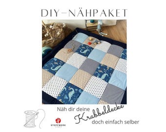 Nähpaket * Patchworkdecke * DIY * Krabbeldecke * Patchwork Stoffe  *Babydecke * Dinosaurier Blau Sand