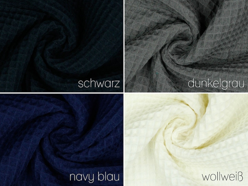 May include: Four fabric swatches in different colors: black, dark gray, navy blue, and off-white. The fabric has a waffle texture.