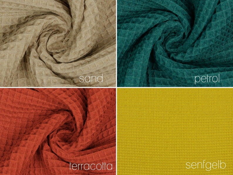 May include: Four fabric swatches in different colors: sand, petrol, terracotta, and senfgelb. Each swatch is a waffle weave fabric.